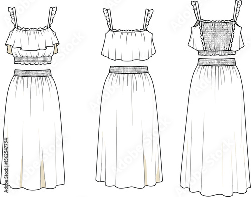 Ruffled crop top and maxi skirt set, cad drawing flat vector illustration, elastic waistband, multi-view fashion sketch, summer garment design layout