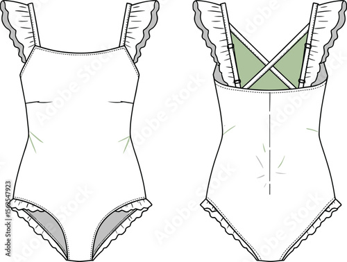 Ruffled strap baby swimsuit cad drawing flat vector illustration, crisscross back detail, ruched sides, frilled leg openings, front and back view