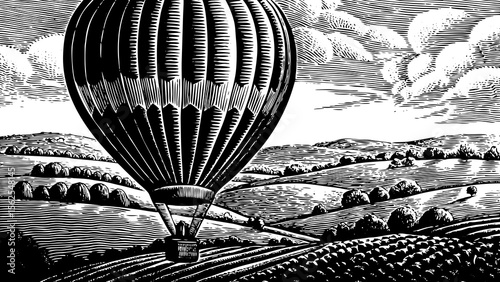 Hot air balloon floating above the countryside, great for travel brochures, freedom-themed designs or whimsical wall art a black and white line art illustration