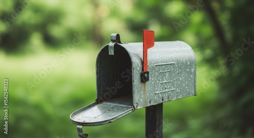Metal mailbox with open door and red flag in green garden  