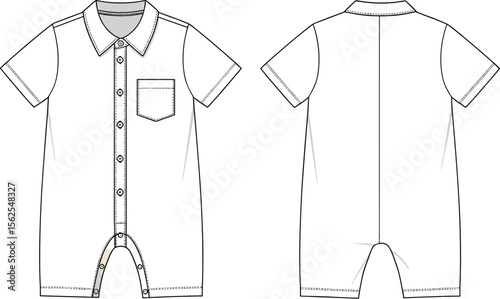 Short-sleeved buttoned romper cad drawing flat vector illustration, collared neckline, chest pocket, snap bottom closure, front and back sketch layout
