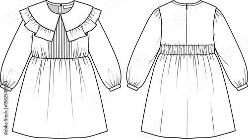 sleeve dress with pleated skirt, cad drawing flat vector illustration, ruffled collar, cuffed sleeves, elastic back waist, fashion garment sketch