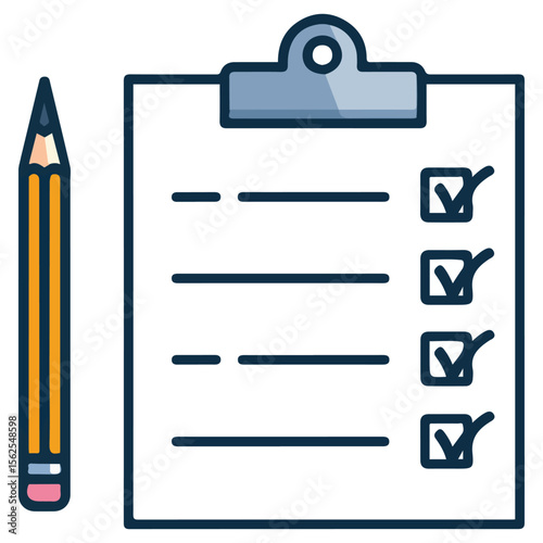 Red pencil marking checklist on clipboard office tool isolated vector illustration