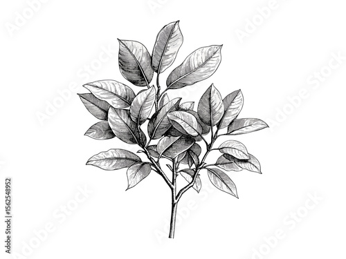 Hand-drawn vintage botanical illustration, engraving of teak tree, teak leaves, tropical tree, eco-friendly nature print, retro black sketch, old engraving style, vintage tree art, trendy wall decor