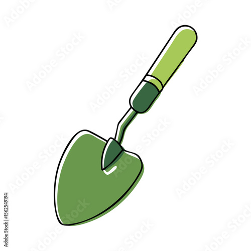 Hand drawn style planting spade icon with green handle for garden tools and agriculture design