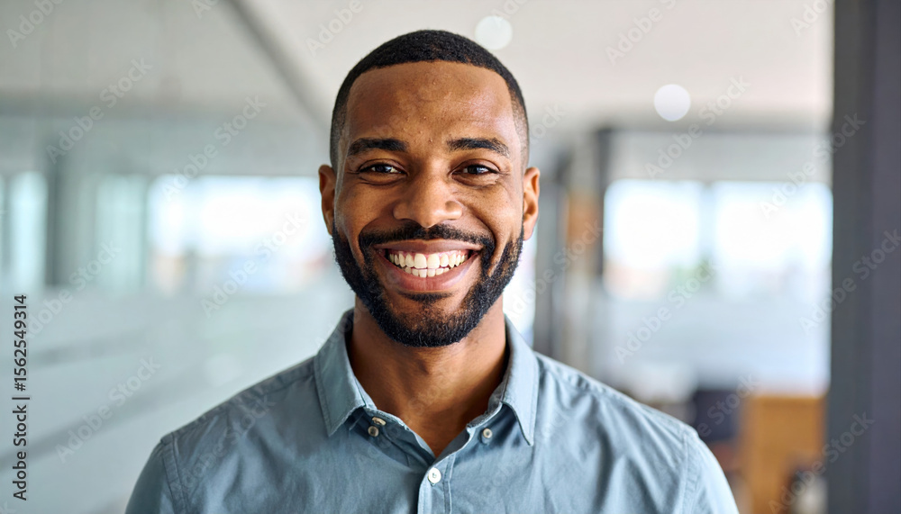 Naklejka premium Happy young man with confident smile in modern workplace setting