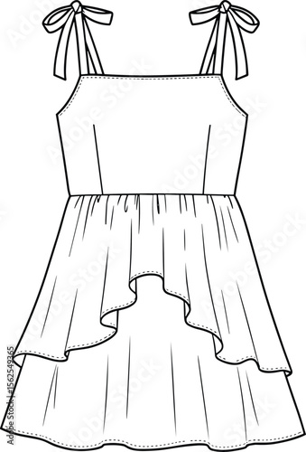 Sleeveless high-low dress with shoulder ties, cad drawing flat vector illustration, two-tier skirt, fitted bodice, elegant pleated fashion sketch