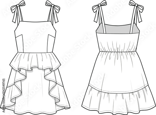 Tiered and peplum dresses front and back, cad drawing flat vector illustration, shoulder tie straps, fitted bodice, relaxed skirt fashion sketch