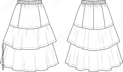 Tiered mini skirts with elastic waistband cad drawing flat vector illustration, three-layer hemline, fashion sketch layout, front and back views