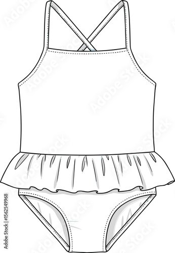 Toddler girl swimsuit with ruffled skirt, cad drawing flat vector illustration, crisscross straps, brief bottom, front and back fashion sketch