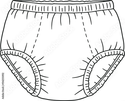 Underwear front and back view, cad drawing flat vector illustration, elastic waistband and leg openings, seam details, minimal fashion sketch