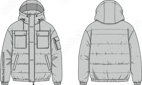 Utility jacket front and back views, cad drawing flat vector illustration, flap pockets, sleeve pocket, button and zip closure, fashion sketch