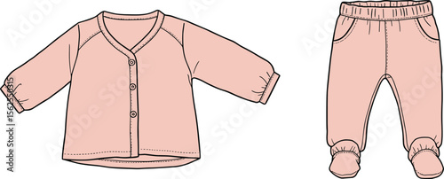 V-neck shirt and footed pants cad drawing flat vector illustration, button front, elastic waist, pockets, stitched seams, fashion sketch