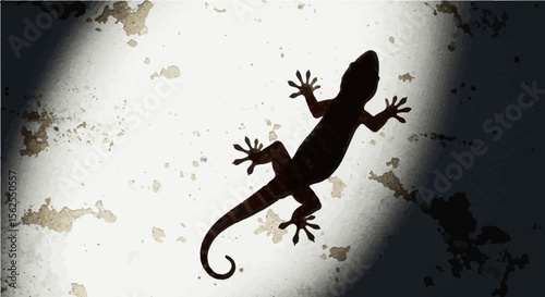 Silhouette of a gecko clinging to a light colored wall with peeling paint and shadow on the right side