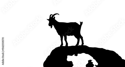 Silhouette of a goat standing atop a rocky arch formation against a white background illustration