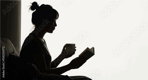 Silhouette of a woman sitting reading a book while holding a mug against a bright white background