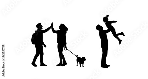 Silhouettes of family members interacting with a dog and a child being lifted in the air outdoors