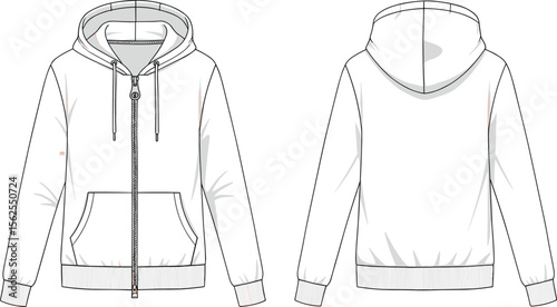 Zipper hoodie sweatshirt cad drawing flat vector illustration, kangaroo pocket, drawstring hood, ribbed cuffs and hem, front and back sketch