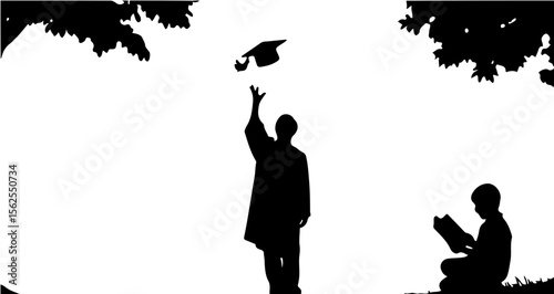 Silhouette of graduate throwing cap in air with another reading a book under a tree canopy above them