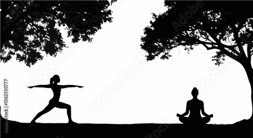 Silhouette of two women doing yoga poses under trees in a black and white illustration art