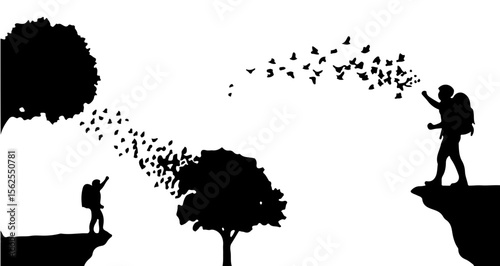 Silhouette of backpackers releasing birds between trees on cliff edges in black and white design