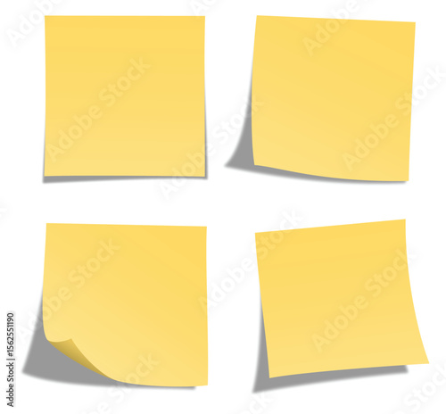 Flat Vector Collection of Yellow Sticky Notes with Simple Shadows for Office and School Planning Templates