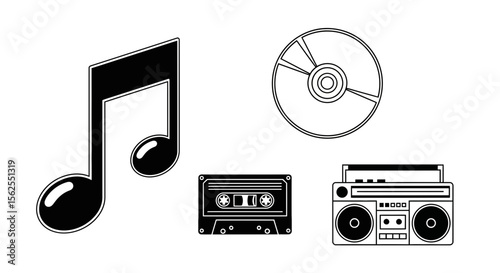 Vector retro music collection featuring cassette tape, cd, boombox, and musical note vector illustration design