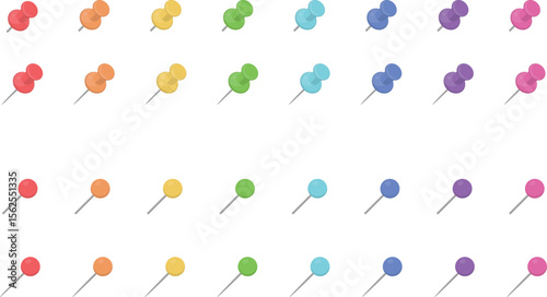 Flat Minimal Vector Illustration of Colorful Push Pins and Round Map Pins Set for Office Stationery and Presentation