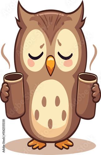An amusing owl character is holding steaming mugs, perfect as a charming logo or emblem for coffee shops, cafes, or brands needing a touch of whimsical design.