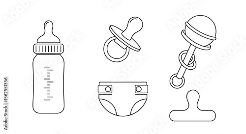 Vector baby essentials vector illustration: bottle, pacifier, diaper, rattle for newborn care and development needs