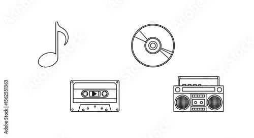 Vector retro music collection vector illustration featuring cassette tape cd music note and boombox line art design