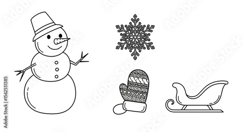 Vector winter season outline drawing with snowman snowflake mitten and sleigh vector illustration design art