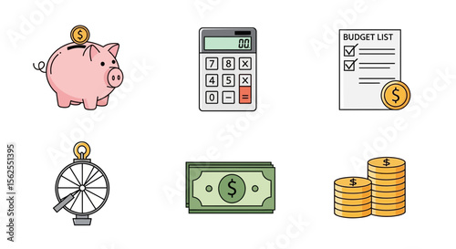 Vector budgeting and saving money concept with piggy bank calculator budget list and financial planning tools for success