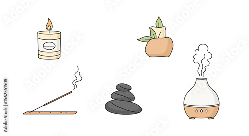 Vector spa relaxation aromatherapy wellness concept with candle incense stones and essential oil diffuser design