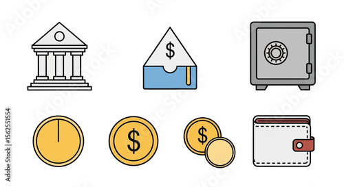 Vector banking and finance icons set vector illustration bank building money safe wallet coins time investment 100