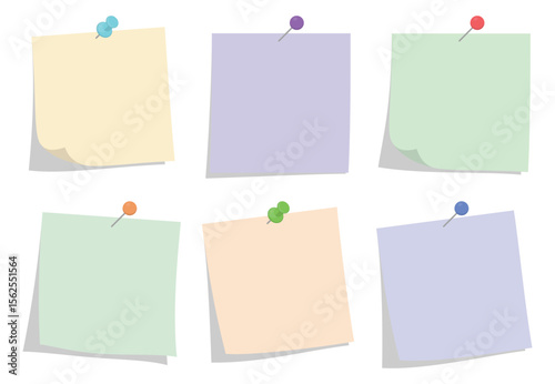 Flat Vector Collection of Pastel Sticky Notes with Push Pins for Creative Office and Reminder Templates