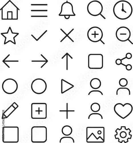 Collection of clean modern minimalist line art icons representing common user interface elements for digital applications and websites