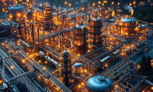 Illuminated industrial plant, showcasing complex network of pipes and tanks, glowing brightly at night.
