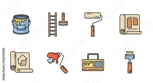 Vector home improvement painting tools and equipment for interior design and renovation projects preparation guide
