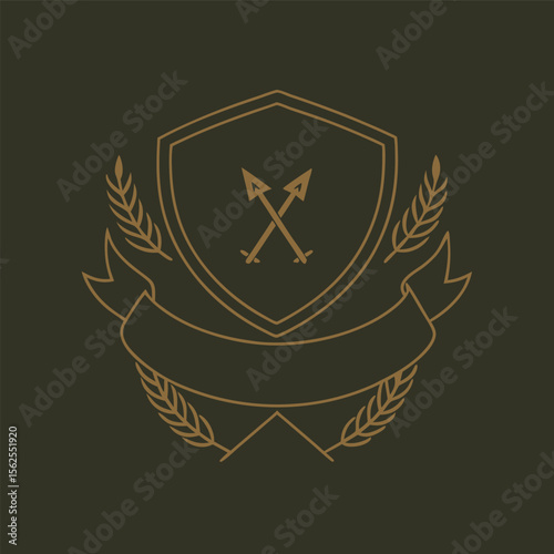 Elegant crest emblem design with arrows wheat stalks and ribbon vintage style