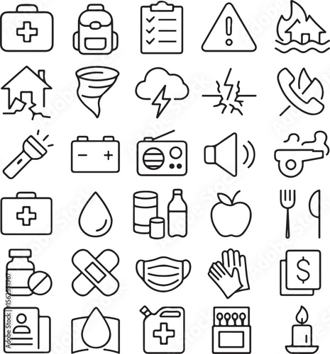 Collection of emergency preparedness icons illustrating disaster relief supplies and safety measures for natural disasters and crises