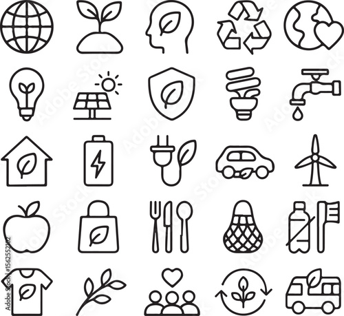Collection of clean outline icons representing environmental sustainability and green living choices for a healthier planet
