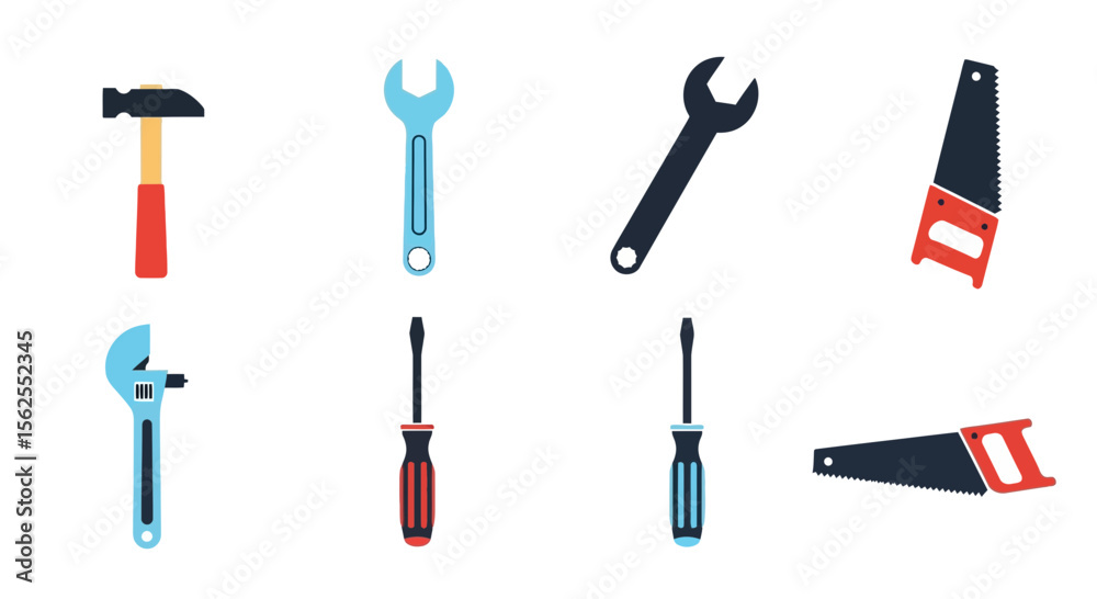 Fototapeta premium Vector illustration of hand tools hammer wrench screwdriver adjustable wrench and saw for home improvement