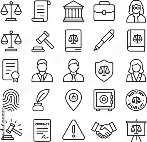 Collection of legal and justice icons representing law court documents and legal proceedings with scales of justice and gavel for legal services