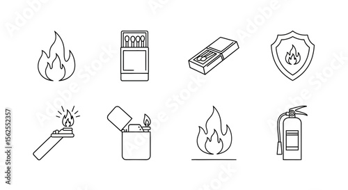 Vector fire safety equipment and tools vector line art icons set including extinguisher lighter matches and flame protection