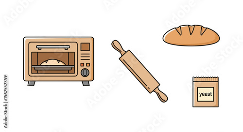 Vector baking tools and ingredients illustration featuring oven bread rolling pin and yeast for home baking projects