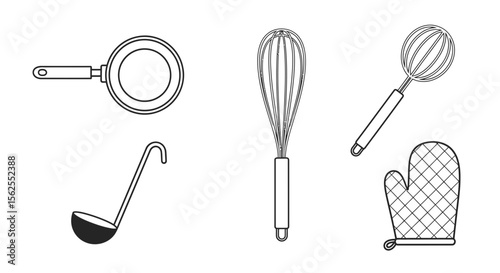 Vector outline kitchen utensils drawing vector illustration of frying pan whisk ladle oven mitt for cooking and baking