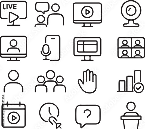 Collection of modern flat line icons representing online communication virtual meetings and digital collaboration tools for remote work and education