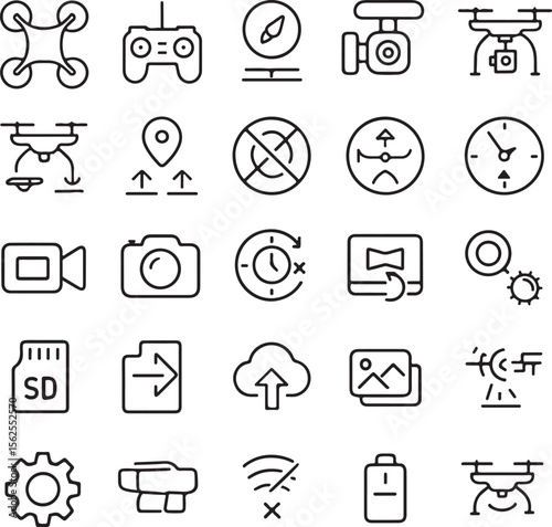 Collection of modern flat design line icons representing various drone technology and aerial photography concepts for digital use
