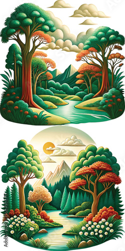 Scenic forest landscape with river and mountains in vibrant colors  